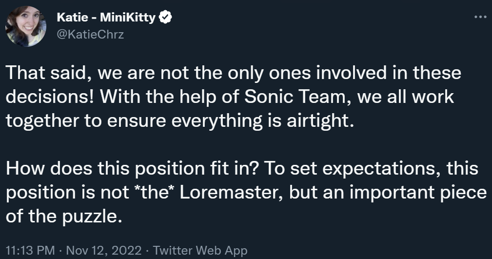 Katie Chrzanowski diskutuje o roli Associate Lore Manager pro Sonic the Hedgehog na Twitteru