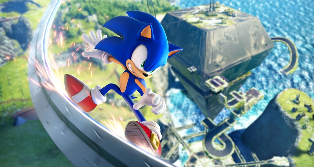 Sonic the Hedgehog grinds on a rail in Sonic Frontiers