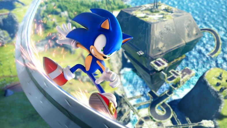 Sonic the Hedgehog grinds on a rail in Sonic Frontiers