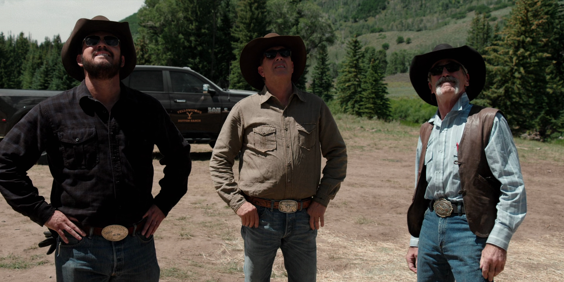 John Dutton (Kevin Costner), Rip Wheeler (Cole Hauser), and Llyod (Forrie J. Smith) check out construction on the Dutton Family Ranch via Yellowstone Season 3 Episode 3 "An Acceptable Surrender" (2020), Paramount