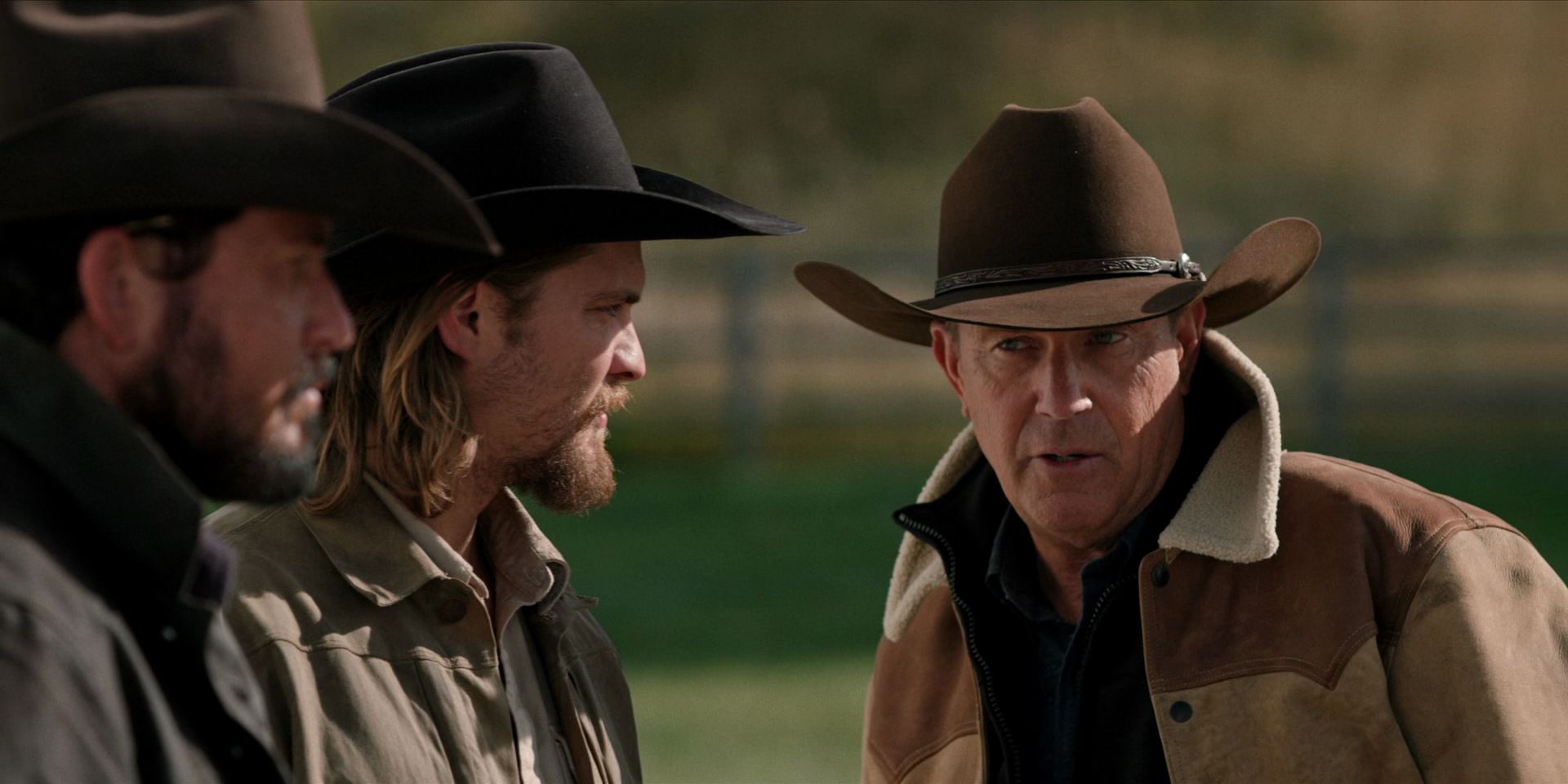 John Dutton speaks with Kayce Dutton (Luke Grimes) and Rip Wheeler (Cole Hauser) about tjhe attack by Wade Morrow (Boots Southerland) on the Dutton Family Ranch in Yellowstone Season 3 Episode 9 "Meaner Than Evil" (2020), Paramount 