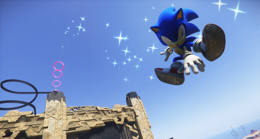 Sonic the Hedgehog předvádí ve hře Sonic Frontiers vzdušný trik