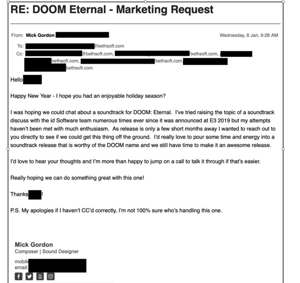 Mick Gordon emails Bethesda over the Doom Eternal soundtrack and OST