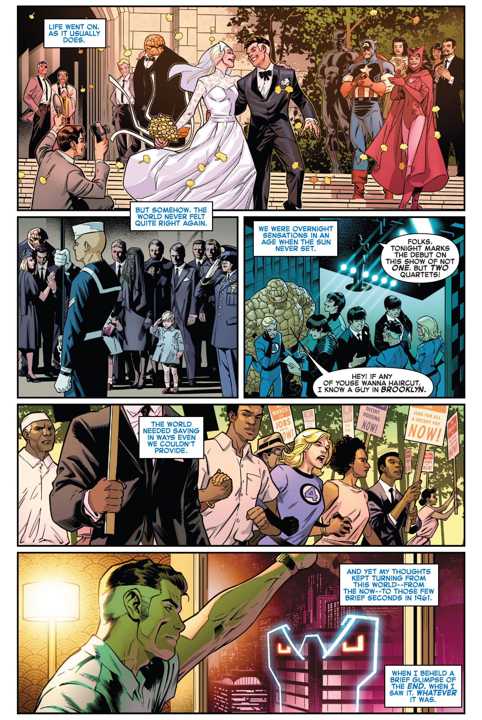 Sue Storm marches for Civil Rights via Fantastic Four: Life Story Vol. 1 #1 "The '60s" (2021), Marvel Comics. Words by Mark Russell, art by Sean Izaakse, Nolan Woodard, and Joe Caramagna.