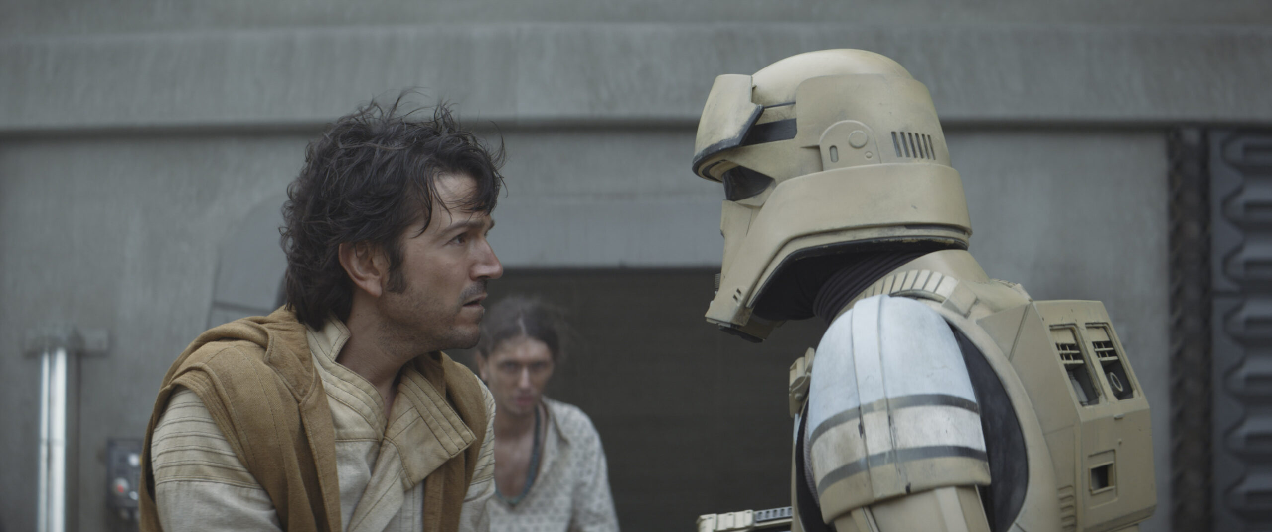 (L-R): Cassian Andor (Diego Luna) and a shoretrooper in Lucasfilm's ANDOR, exclusively on Disney+. ©2022 Lucasfilm Ltd. & TM. All Rights Reserved.