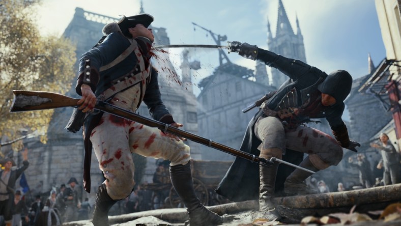 Arno Dorian slices the throat of a french guard via Assassin's Creed Unity (2014), Ubisoft