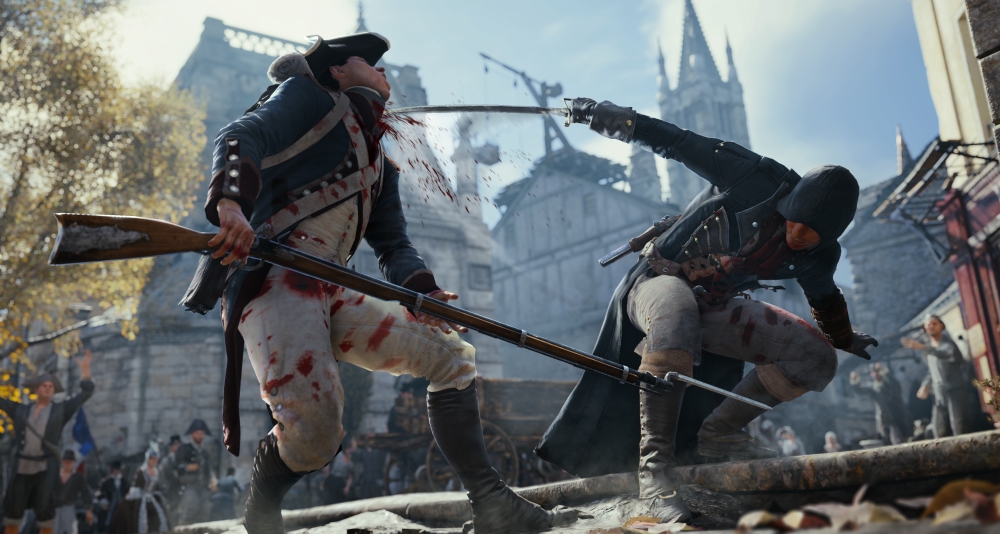 Arno Dorian slices the throat of a french guard via Assassin's Creed Unity (2014), Ubisoft