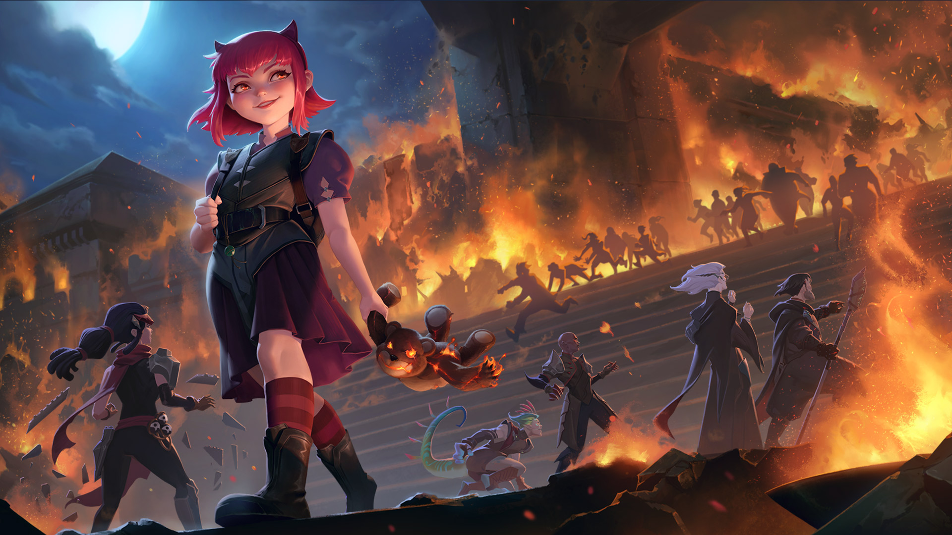 Annie walks suspiciously away from a blazing fire via Legends of Runeterra (2020), Riot Games