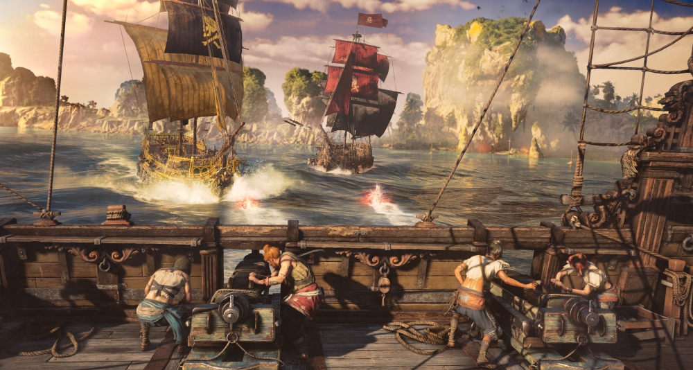 A crew fends off a pirate ship attack via Skull and Bones (2023), Ubisoft