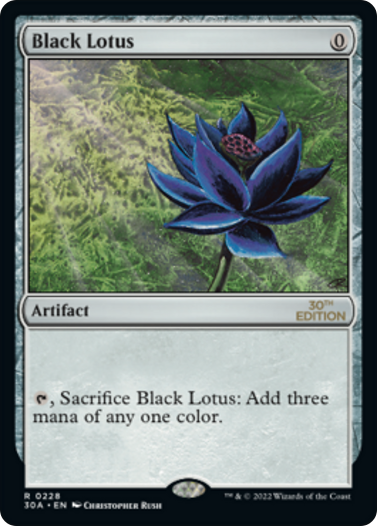 Black Lotus via Card #228, 30th Anniversary Edition Set (2022), Wizards of the Coast. Art by Christopher Rush.