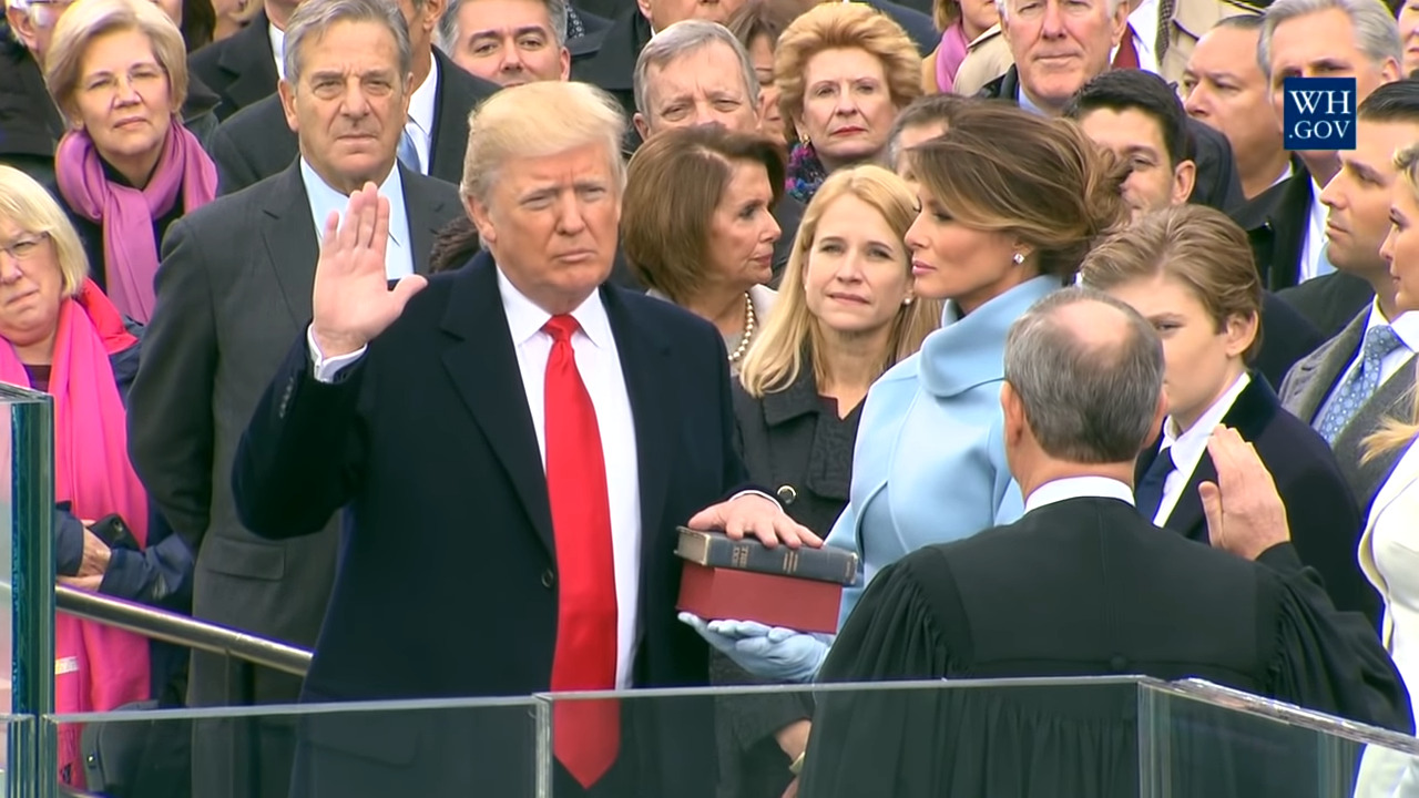 Donald Trump is sworn in as the 45th president of the United States on January 20th, 2017 via The Inauguration of the 45th President of the United States, Trump White House Archived, YouTube