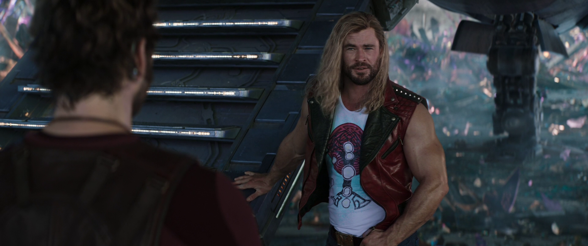 Thor (Chris Hemsworth) tries to play it cool while talking to Star-Lord (Chris Pratt) in Thor: Love and Thunder (2022), Marvel Entertainment via Blu-Ray