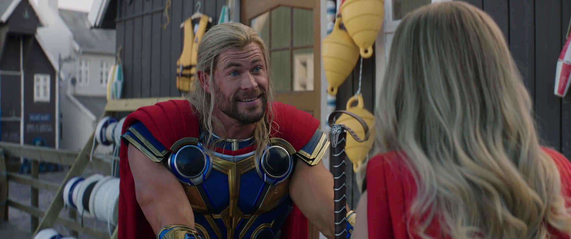 Thor (Chris Hemsworth) has an awkward conversation with Jane Foster (Natalie Portman) about Mjolnir in Thor: Love and Thunder (2022), Marvel Entertainment via Blu-ray