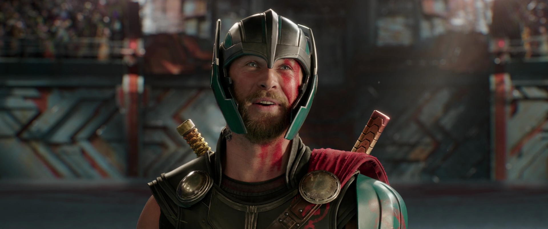 Thor (Chris Hemsworth) is delighted to see a familiar face in Sakaar's coliseum in Thor: Ragnarok (2017), Marvel Entertainment via Blu-ray