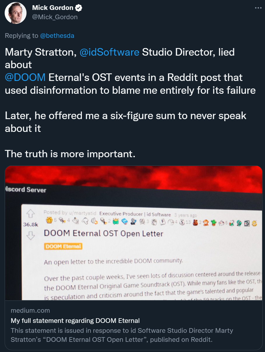 Mick Gordon shares his statement regarding Doom Eternal's OST via Twitter