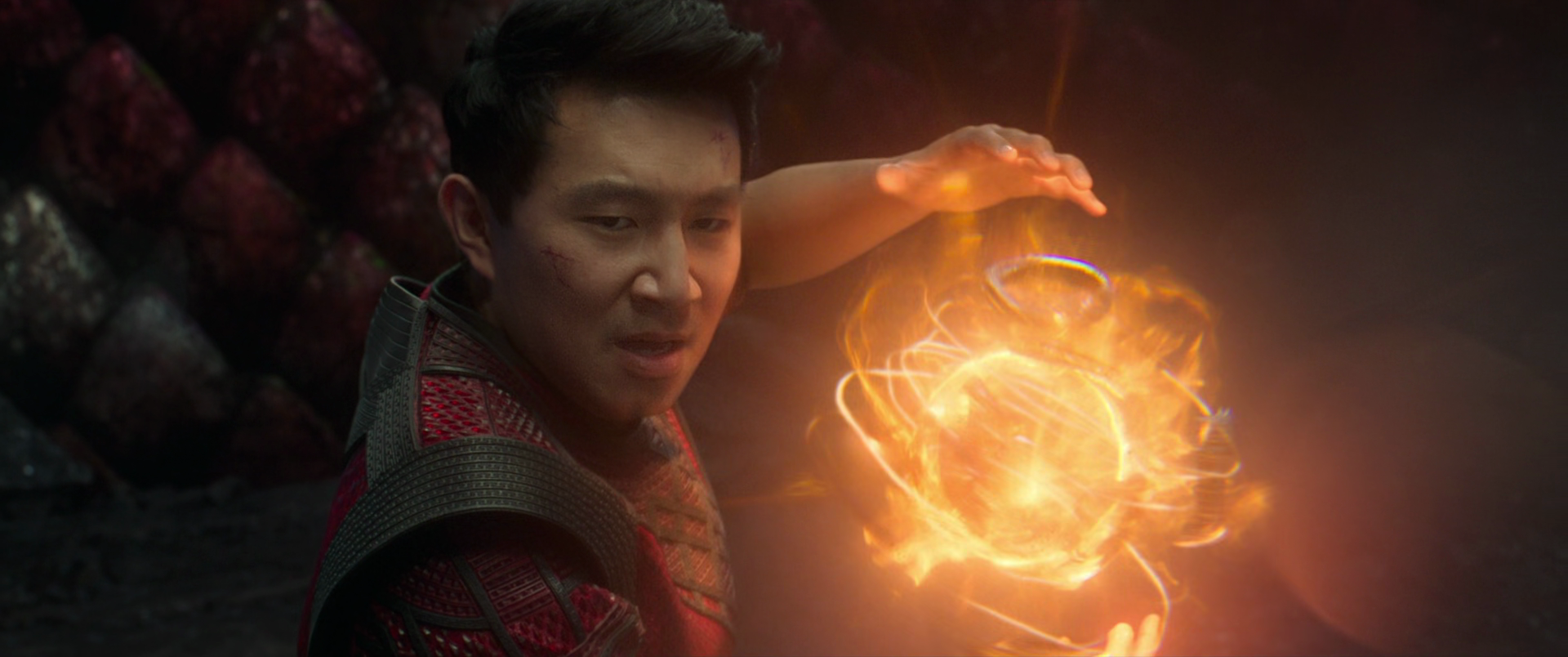 Shang-Chi (Simu Liu) wields the Marvel Cinematic Universe's version of the Ten Rings in Shang-Chi and the Legend of the Ten Rings (2021), Marvel Entertainment via Blu-ray