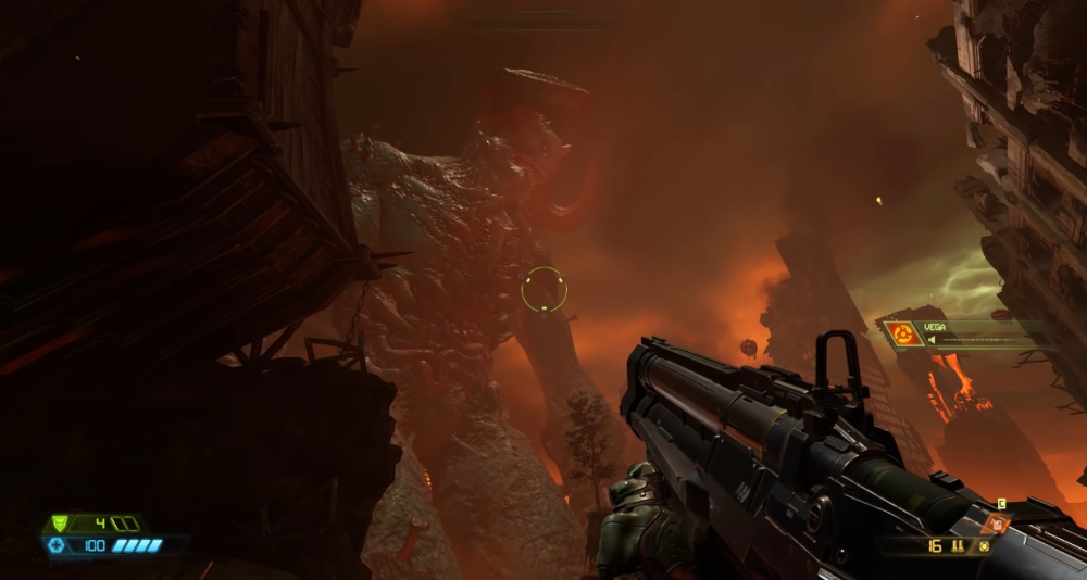 The Doomslayer steps out onto Hell on Earth, with a giant demon towering overhead via Doom Eternal (2020), Bethesda Softworks