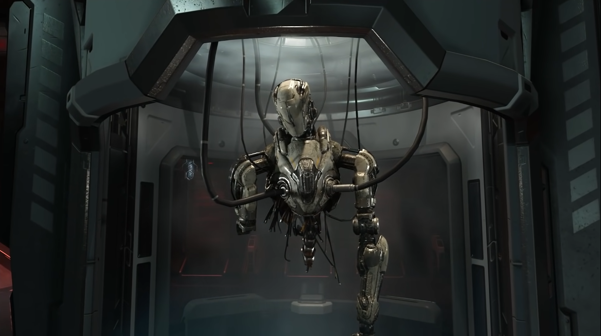The remains of Dr. Samuel Hayden's cybernetic body are strung up via Doom Eternal (2020), Bethesda Softworks