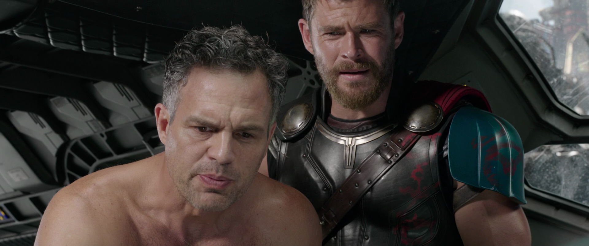 Thor (Chris Hemsworth) and Bruce Banner (Mark Ruffalo) investigate the latter's downed Quinjet in Thor: Ragnarok (2017), Marvel Entertainment via Blu-ray