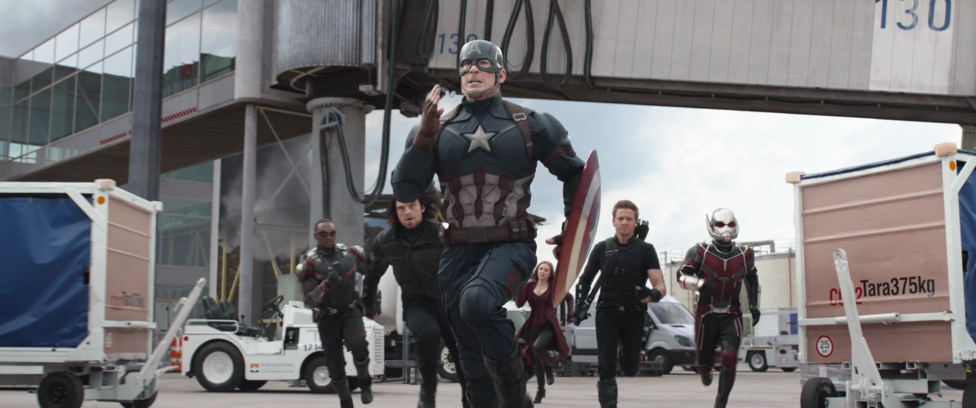 Captain America (Chris Evans) leads the Winter Soldier (Sebastian Stan), Hawkeye (Jeremy Renner), Ant-Man (Paul Rudd), the Falcon (Anthony Mackie) and the Scarlet Witch (Elizabeth Olsen) into battle against Iron Man's (Robert Downey Jr.) pro-registration Avengers in Captain America: Civil War (2016), Marvel Entertainment via Blu-ray