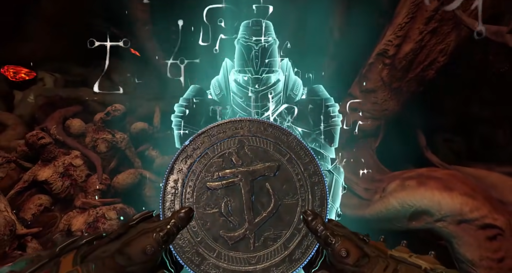 The Doomslayer is given a Praetor token by a Night Sentinel via Doom Eternal (2020), Bethesda Softworks