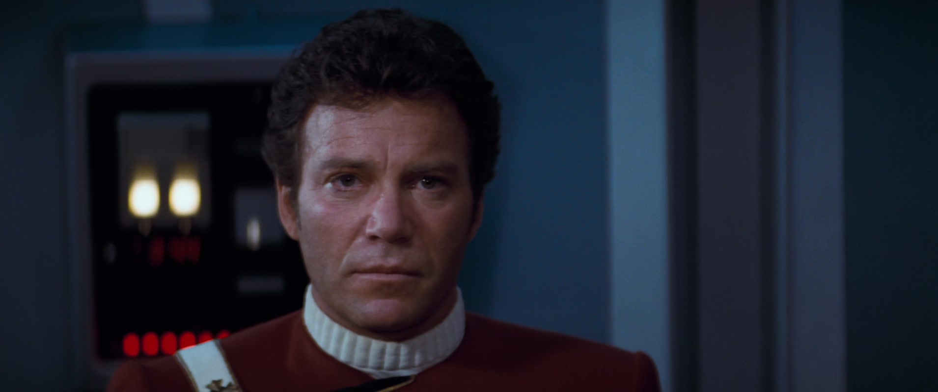 Captain Kirk (William Shatner) steadies himself to deal with the threat of Khan (Ricardo Montalbán) in Star Trek II: The Wrath of Khan (1982), Paramount Pictures via Blu-ray