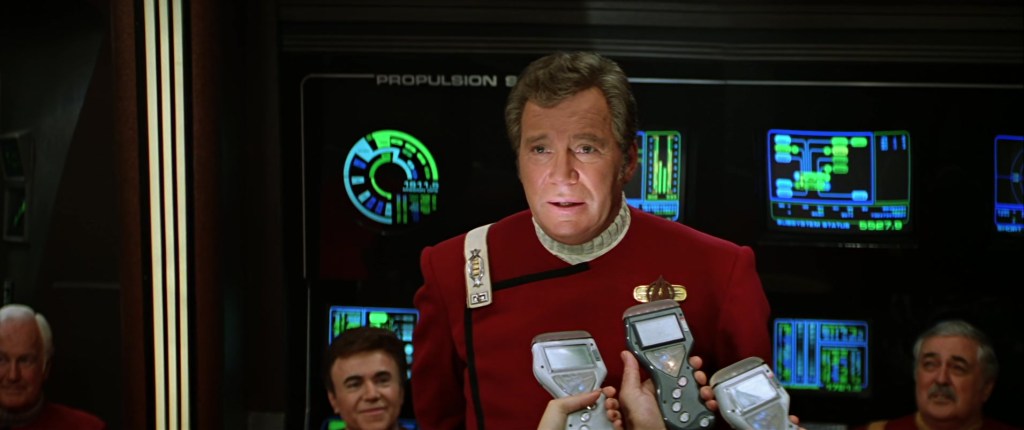 Captain Kirk (William Shatner) speaks to the media ahead of the USS Enterprise-B's maiden voyage in Star Trek Generations (1994), Paramount Pictures via Blu-ray