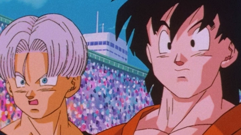 Goten (Masako Nozawa) and Trunks (Takeshi Kusao) are shocked to see Goku (Masako Nozawa) alive and well at the World Tournament in Dragon Ball Z Episode 291 "Goku's Next Journey" (1996), Toei Animation via Blu-ray