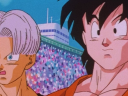 Goten (Masako Nozawa) and Trunks (Takeshi Kusao) are shocked to see Goku (Masako Nozawa) alive and well at the World Tournament in Dragon Ball Z Episode 291 "Goku's Next Journey" (1996), Toei Animation via Blu-ray