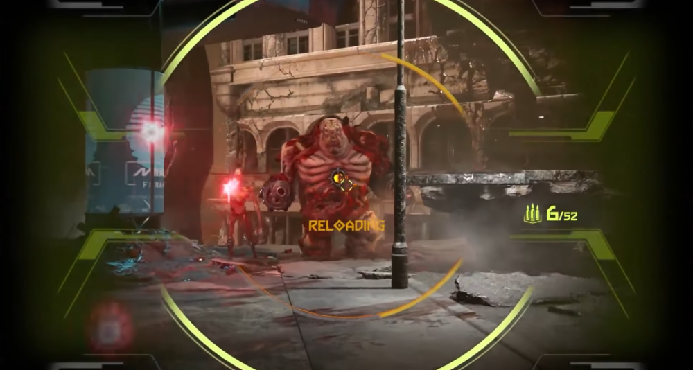 The Doomslayer has a Mancubus in the sights of the heavy cannon via Doom Eternal (2020), Bethesda Softworks
