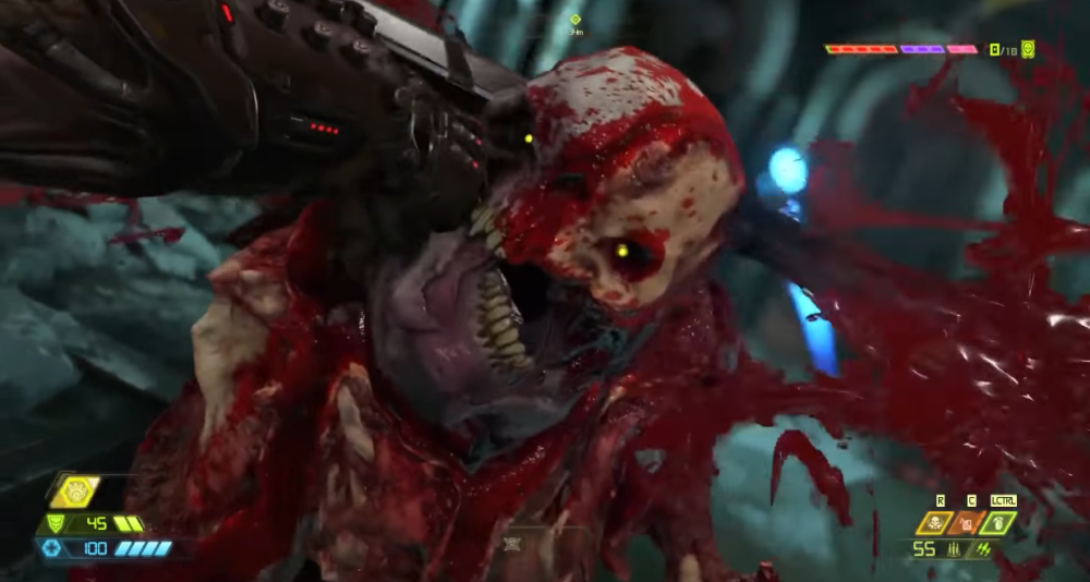 The Doomslayer jams the Doomblade into a gargoyle's skull via Doom Eternal (2020), Bethesda Softworks