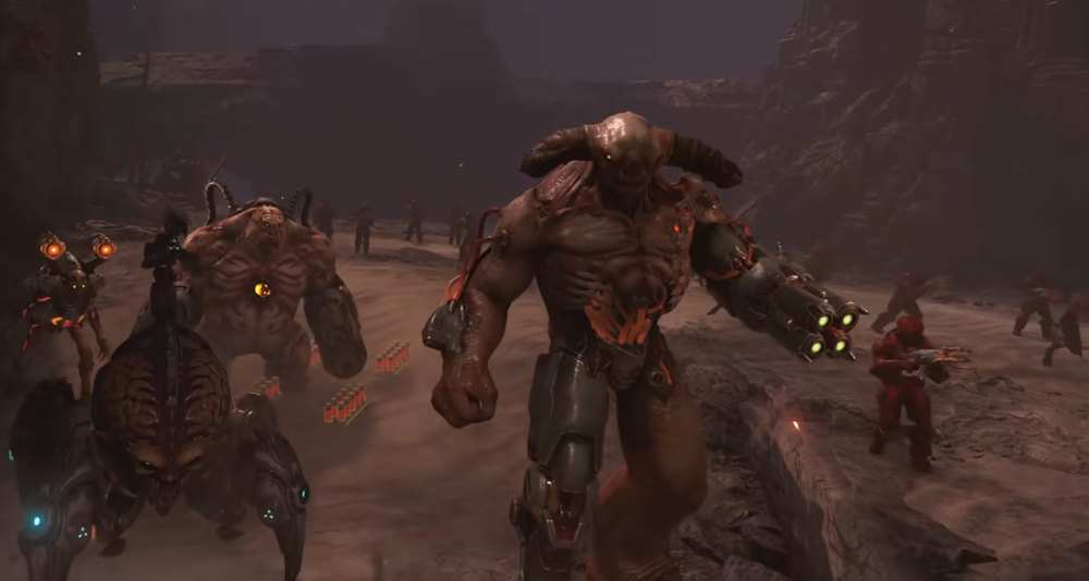 Multiple demons step forth, including a Tyrant, a Mancubus, a Revenant, an Arachnotron, and several soldiers via Doom Eternal (2020), Bethesda Softworks