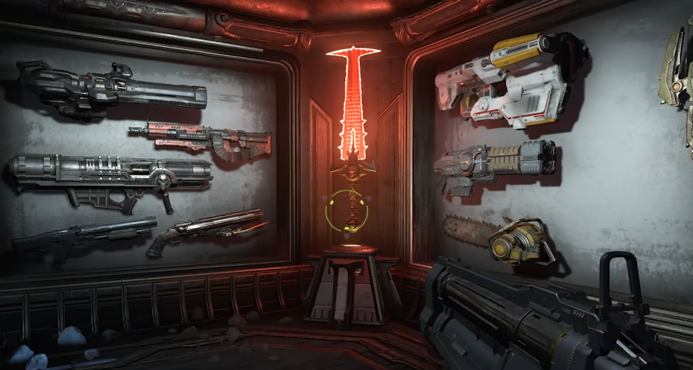 The Doomslayer's arsenal of weapons line the walls of the Fortress of Doom via Doom Eternal (2020), Bethesda Softworks