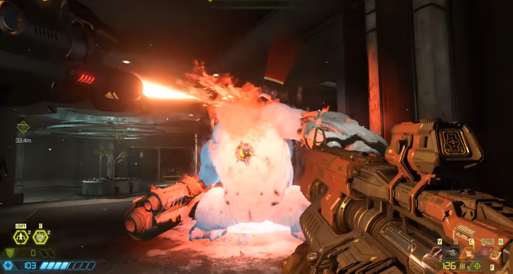 The Doomslayer uses the Flame Belch to burn a frozen Mancubus via Doom Eternal (2020), Bethesda Softworks