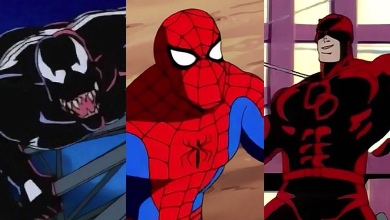 Split image of Venom, Spider-Man and Daredevil from 'Spider-Man: The Animated Series' (1994), Marvel Entertainment Group