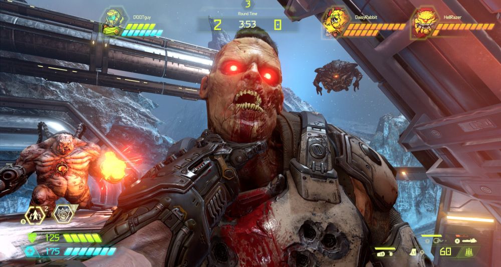 The Doomslayer kills a soldier while a player controlled Mancubus and Pain Elemental look on via Doom Eternal (2020), Bethesda Softworks