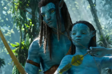 Jake Sully (Sam Worthington) teaches his son Neteyam (Jamie Flatters" how to shoot a bow in Avatar: The Way of Water (2022), Disney via YouTube