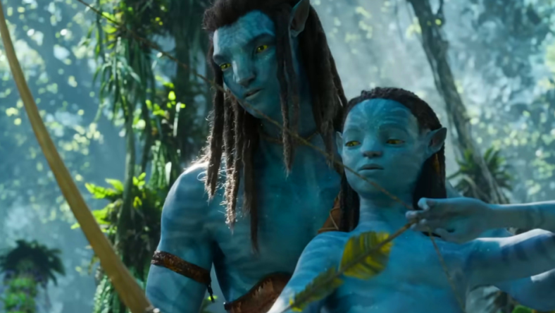 Jake Sully (Sam Worthington) teaches his son Neteyam (Jamie Flatters" how to shoot a bow in Avatar: The Way of Water (2022), Disney via YouTube