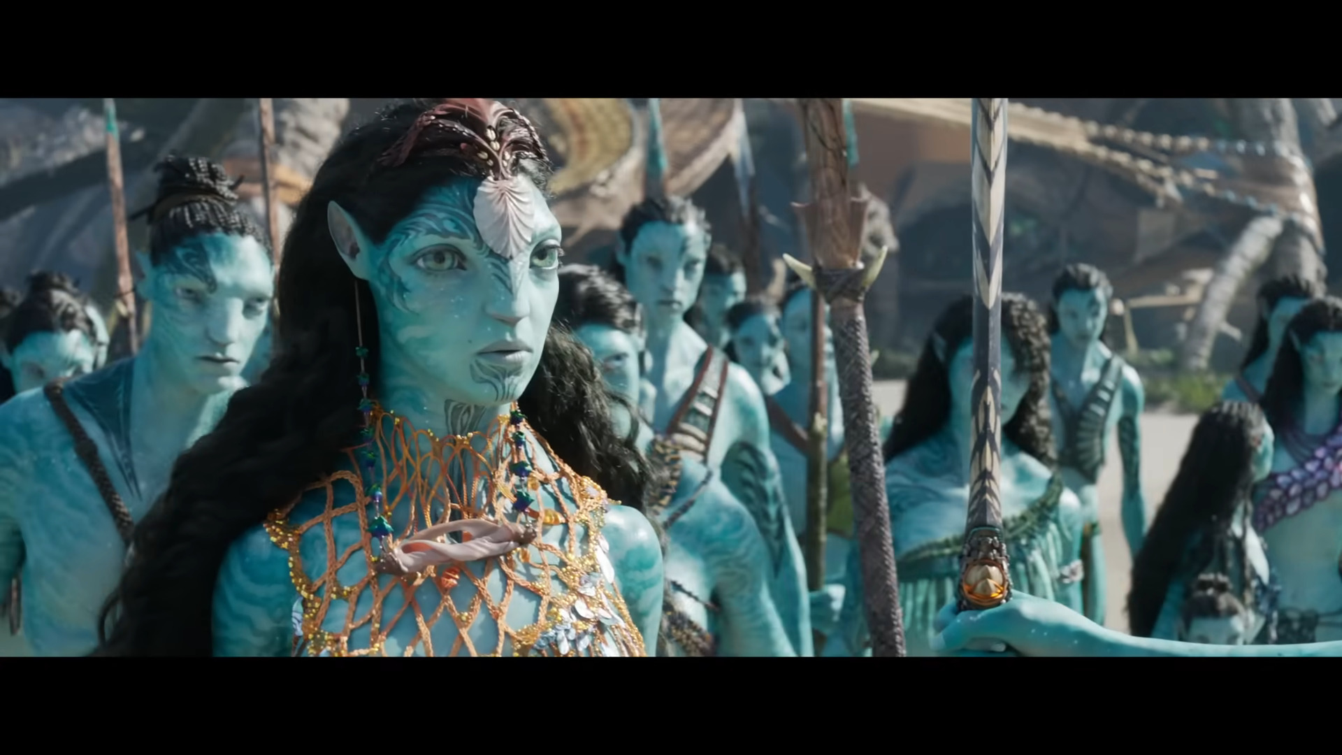 Ronal (Kate Winslet) and the reef people greet their land-based counterparts in Avatar: The Way of Water (2022), Disney via YouTube