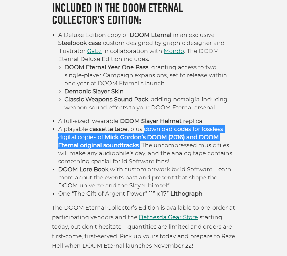 Bethesda's website announcing the Doom Eternal Collector's Edition, stating it features "download codes for lossless digital copies of Mick Gordon’s DOOM (2016) and DOOM Eternal original soundtracks"