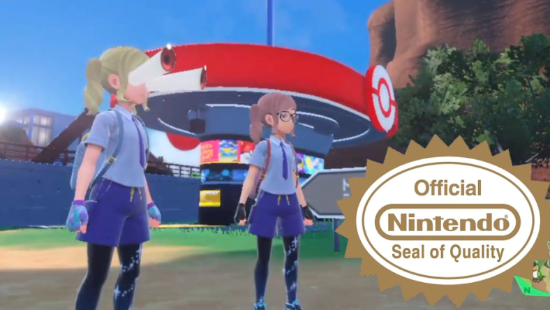 A bug from Pokémon Scarlet & Violet- as shown by @kocha8164- of another player's eye bulge out of their head. The Official Nintendo Seal of Quality (via the Nintendo Fandom Wiki) has been edited onto the corner.