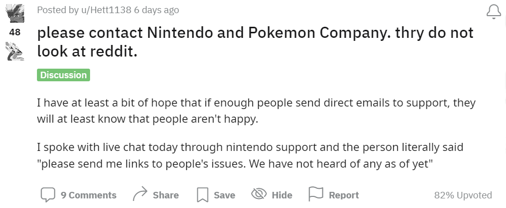 User Hett1138 claims Nintendo Support demanded evidence users were complaining about Pokémon Scarlet & Violet's performance issues via Reddit.