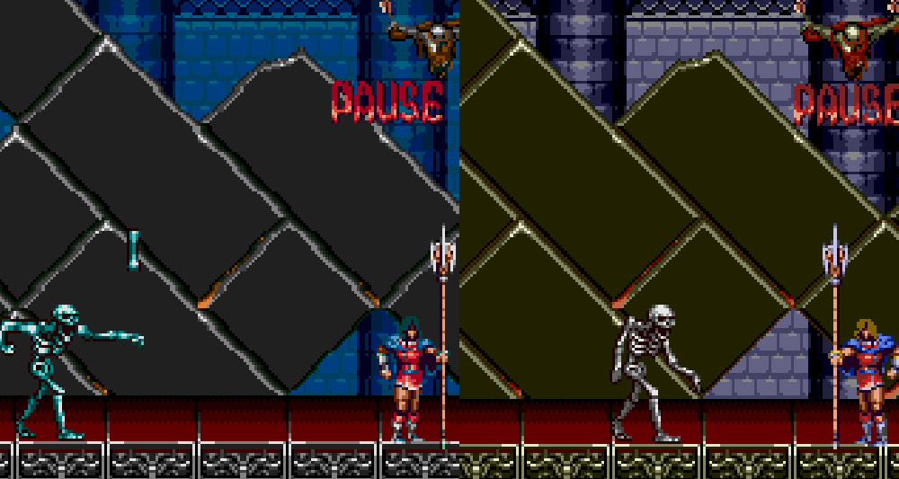 A color palette comparison between the original and hacked versions of 'Castlevania: Bloodlines' (1994), Konami