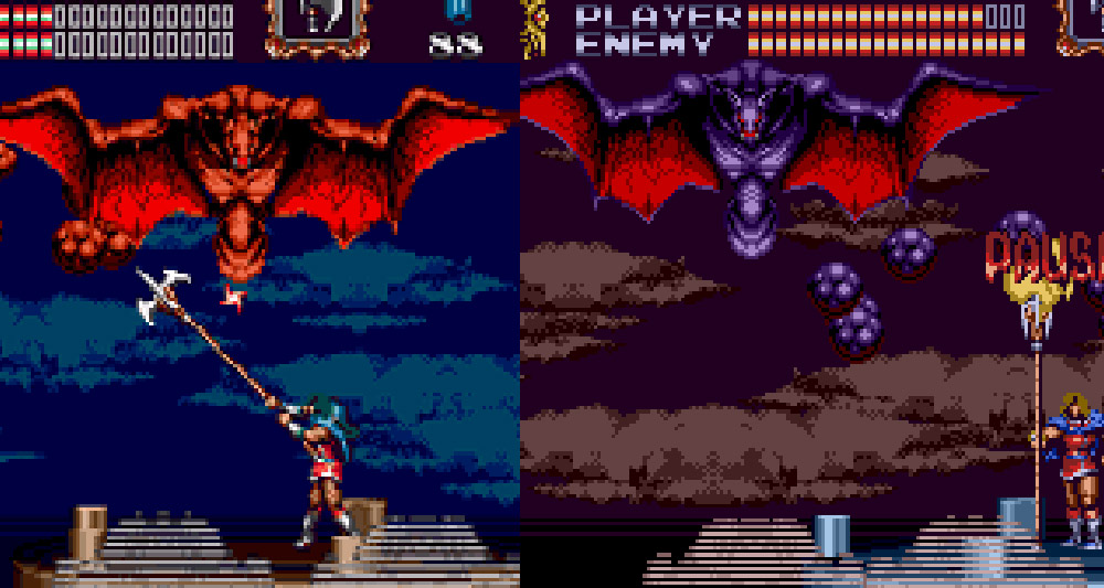 A color palette comparison between the original and hacked versions of 'Castlevania: Bloodlines' (1994), Konami