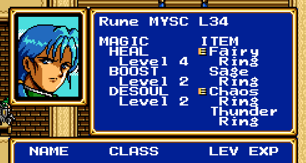 A character stat screen in 'Shining Force II' (1994)