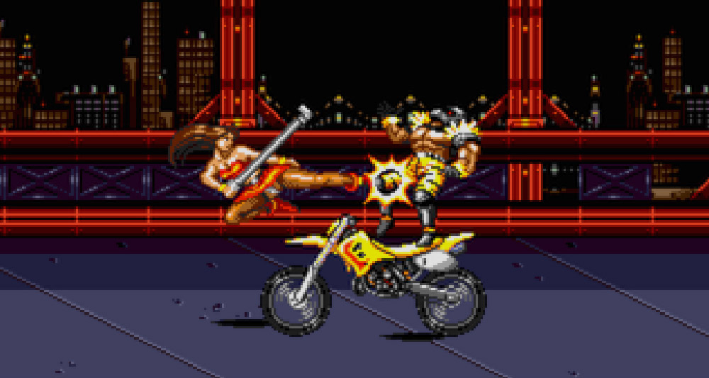Blaze kicks a thug off a motorcycle in a hacked version of 'Streets of Rage 2' (1992), Sega
