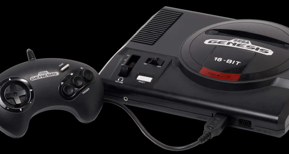An original Sega Genesis 16-Bit console with 3-button controller, from Game Console Index