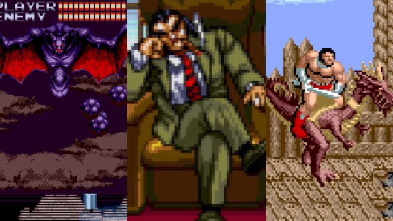 Split image of hacked roms for Castlevania: Bloodlines, Streets of Rage 2, and Golden Axe on Sega Genesis