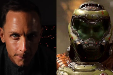 Split image of Mick Gordon and the Doomslayer from DOOM Eternal (2020), id Software