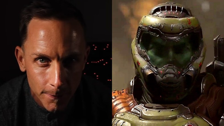 Split image of Mick Gordon and the Doomslayer from DOOM Eternal (2020), id Software